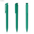 A dark green plastic pen with a sleek design, featuring a clip and a glossy finish, showcased from three angles.