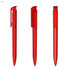 A set of three transparent red plastic pens, featuring a sleek design and a clip on the top.