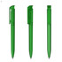 A green plastic pen in three positions, featuring a transparent body and a logo on the clip.