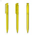 Three transparent yellow plastic pens displayed from different angles, featuring a simple design and a logo on the side.