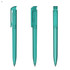 A transparent green plastic pen with a clip, featuring a sleek design and visible internal mechanism.