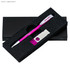 A pink pen and a USB drive are presented in a black gift box with a fitted insert. The box features a logo.