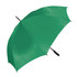 A green golf umbrella with a black handle, featuring a logo on the canopy.