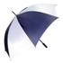 A navy and white golf umbrella with a black handle. It features a sleek, two-tone design and has a logo.
