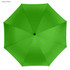 A green golf umbrella with a central button and spokes, featuring a solid colour design.