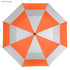 A large umbrella featuring an orange and white panel design, with a central black knob and a logo on the handle.