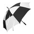 A black and white golf umbrella with a branded handle. The canopy features a sporty checkered design.