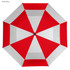 A red and white golf umbrella featuring an octagonal design and a central black mechanism. It has a logo on the handle.