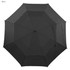 A black umbrella with an octagonal shape and a central support hub. The material appears smooth and durable.
