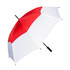 A red and white umbrella featuring a black handle and a logo. Suitable for leisure and outdoor activities.