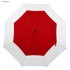 A red and white umbrella featuring an octagonal shape and a central button. It includes a branding logo.