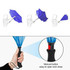 A blue inverted umbrella with illustrations showing opening and closing, featuring a manual button on the handle.
