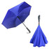 A blue inverted umbrella displaying both its open and closed positions, featuring a handle and a brand logo.