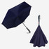 A navy blue inverted umbrella with a curved handle. It has a logo and is shown both open and folded.