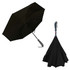 A black inverted umbrella with a curved handle, displayed open and closed, featuring a logo on the handle.