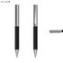 A metal pen featuring a sleek design with a black carbon grip and shiny chrome accents. The pen has a branding logo.