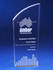 A clear acrylic trophy with a curved top, featuring laser engraving and a logo.