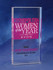 A clear optical crystal award with a colour-printed pink background, featuring text for "Women of the Year".