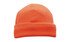 An orange beanie with a folded cuff, featuring a logo. It has a soft, smooth texture.