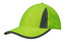 A bright lime green cap with reflective grey trim and inserts, featuring a logo on the front.