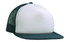 A green and white trucker cap with a flat peak and a mesh back, featuring a solid front panel.