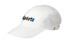 A white cap with mesh paneling, featuring a logo on the front.