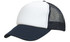 A kids' trucker cap featuring a white front panel and navy blue brim, with a mesh back and a logo.