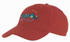 A red cap featuring an embroidered design of colourful houses and birds. It includes a logo on the side.