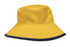 A reversible bucket hat featuring a yellow body with a navy blue trim and a logo on the side.