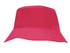 A breathable poly twill child's bucket hat in bright pink with a wide brim and a logo.