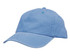 A blue enzyme washed pigment dyed cotton twill cap with a curved brim and a logo.