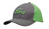 A grey and green cap featuring a logo, with a contrast design and embroidered detailing.