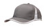 A grey cap featuring white trim and a logo on the front. It has a structured design with a curved visor.