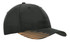 A black cap featuring a peak with a breathable poly twill design in orange. It includes a logo.