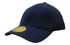 A navy cap featuring a mesh back and a round logo on the front.