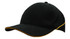 A cap in black with a crown piping in yellow along the brim, featuring a logo on the front.