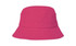 A pink bucket hat with a wide brim and a soft fabric, featuring a logo on the side.