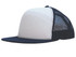 A foam front A-frame cap in white with a navy mesh back, featuring a logo on the side.