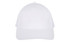 A white cap with a curved brim and mesh back, featuring a logo on its front.