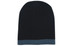 A two-tone cable knit beanie in dark navy with a lighter blue brim. Features a logo on the side.