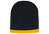 A two-tone cable knit beanie in navy blue and yellow, featuring a logo on the side.