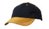 A navy cap with a suede peak in a mustard colour, featuring a logo.
