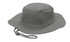 A grey brushed heavy sports twill hat featuring a wide brim and an adjustable strap. It has ventilation holes and a logo.