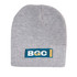 A grey acrylic beanie featuring a logo patch in blue and gold. It has a rolled-down design.