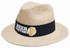 A straw hat with a wide brim, featuring a black band and a logo with a beer graphic.