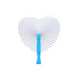 A heart-shaped white paper fan with a blue handle, featuring a pleated design and a simple logo.