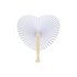 A white heart-shaped plastic paper fan with a beige handle, featuring a pleated design.