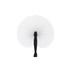 A peach-shaped plastic paper fan with a black handle, featuring a pleated design in white.