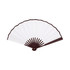 An 8-inch bamboo fabric hand fan featuring white fabric and a dark brown bamboo frame. The fan has a logo displayed.