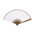A bamboo fabric hand fan with a brown frame and white fabric panels, featuring a logo on the handle.